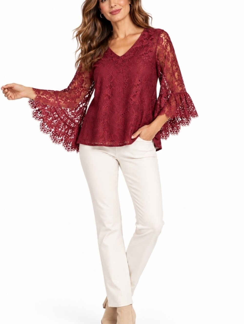 Modcloth V Neck Bell Sleeve Lace Blouse In solid Burgundy 4X